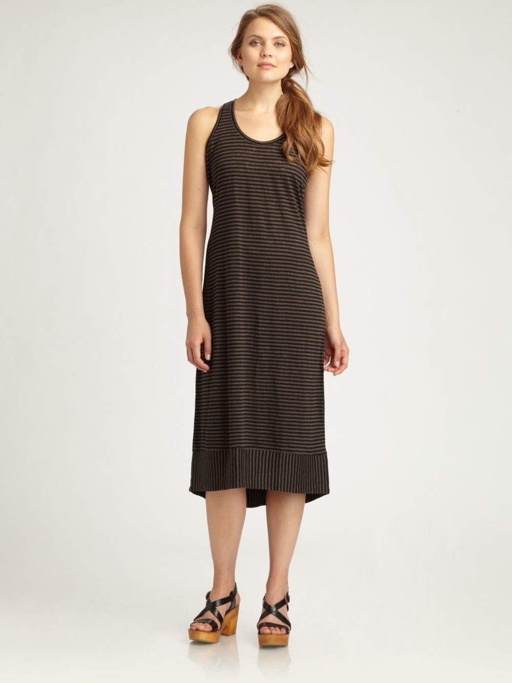 Eileen Fisher 100% Linen Olive Green Black Scoop Neck Midi Dress XL Lagonlook